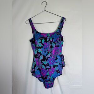 Maxine of Hollywood 14 Vintage 90s Blue Purple Floral One Piece Swimsuit